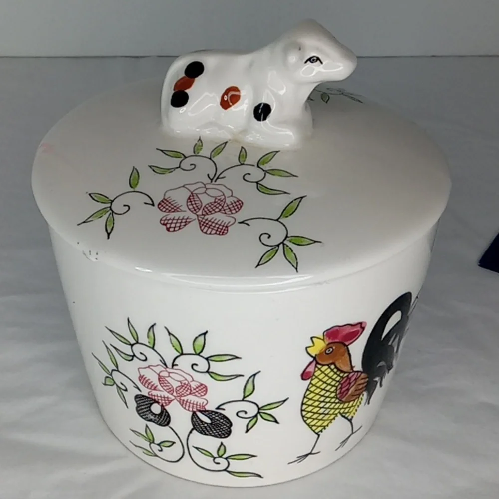 Vintage Ceramic Jar Rooster and Cow Butter Grease Lidded Crock Cottagecore Farm